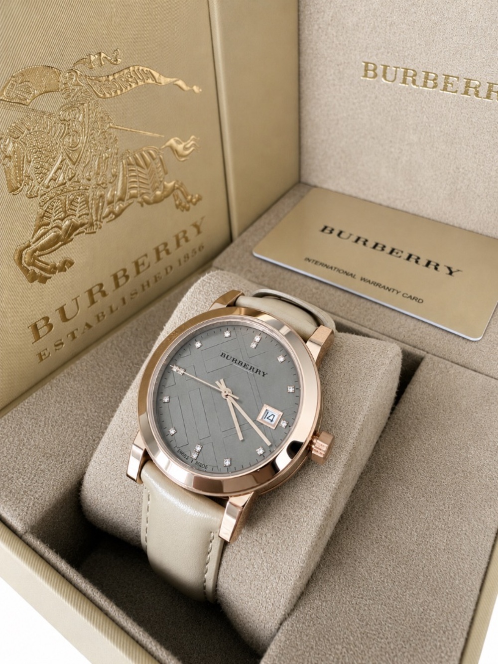 NEW Burberry The City Diamonds Beige Leather Strap Watch For Women - BU9131
